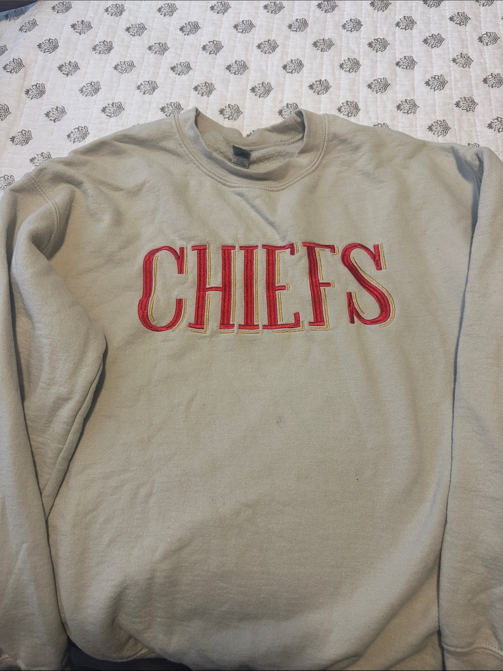 Gildan Light Tan Crewneck Sweatshirt with Red Embroidered Lettering